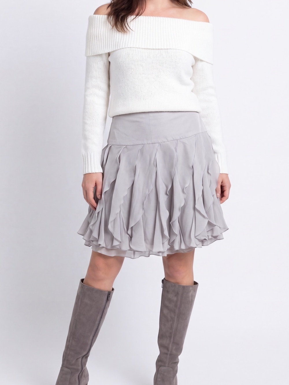 Vintage y2k INC Asymmetrical Ruffled Silk Skirt light gray Fairy core soft girl